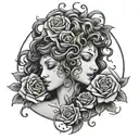 Medusa tattoo with snake hair and half crease moon on forehead with roses tattoo design idea