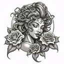 Medusa tattoo with snake hair and half crease moon on forehead with roses tattoo design idea