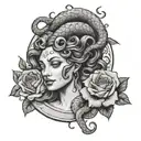 Medusa tattoo with snake hair and half crease moon on forehead with roses tattoo design idea