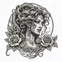 Medusa tattoo with snake hair and half crease moon on forehead with roses tattoo design idea