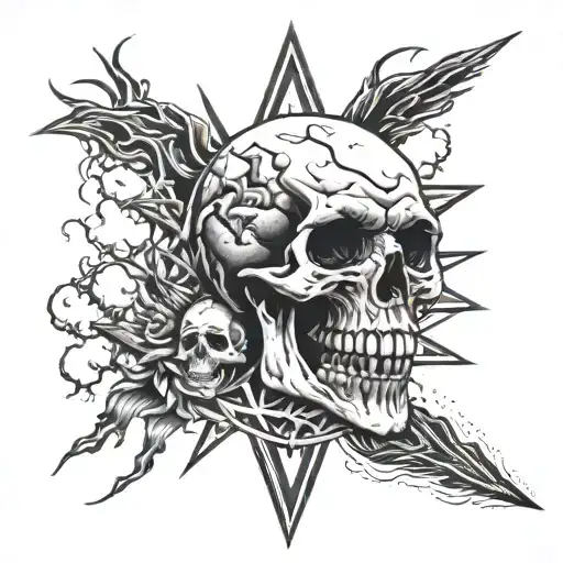 skulls and crows with lightning bolts striking and nursing needle  tattoo design idea