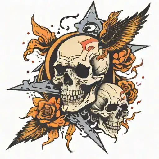 skulls and crows with lightning bolts striking and nursing needle  tattoo design idea