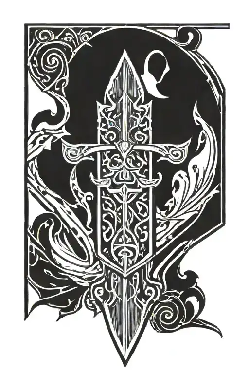 A minimalist sketch of a sword or shield with intricate patterns inspired by Ukrainian Cossacks or Vikings tattoo design idea