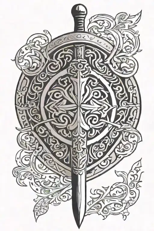 A minimalist sketch of a sword or shield with intricate patterns inspired by Ukrainian Cossacks or Vikings tattoo design idea