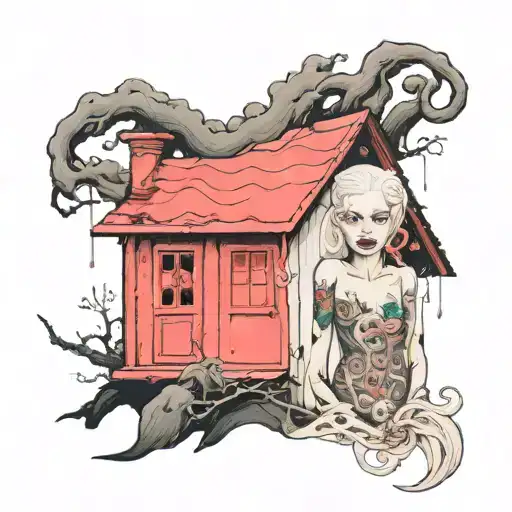 albino girl with pink eyes standing by a house tattoo design idea