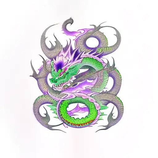 green dragon with purple eyes and fire tattoo design idea