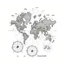 A map of the world with pins marking all the places the client has visited during their retirement tattoo design idea