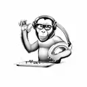 A playful ape wearing sunglasses and headphones, DJing on turntables tattoo design idea