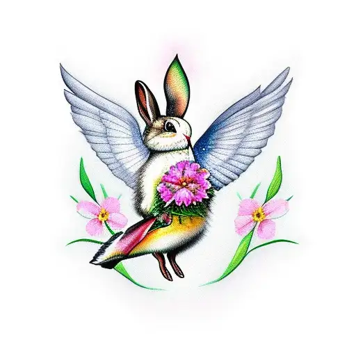 a bunny with wings holding a flower for a hummingbird tattoo design idea