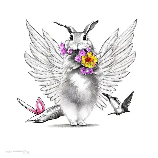a bunny with wings holding a flower for a hummingbird tattoo design idea
