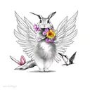 a bunny with wings holding a flower for a hummingbird tattoo design idea