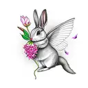 a bunny with wings holding a flower for a hummingbird tattoo design idea