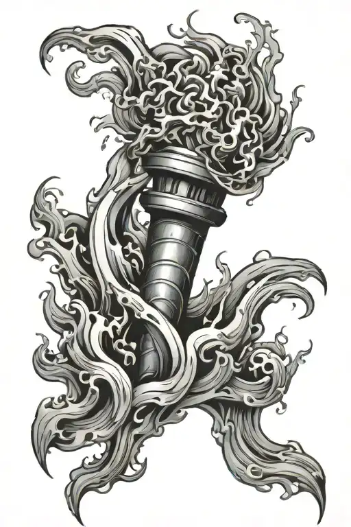 burning torch wrapped in water waves tattoo design idea