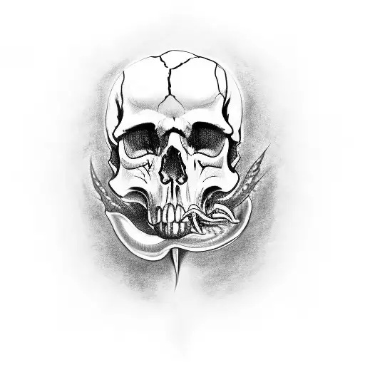 A skull doing a calisthenics exercise with a dragon emerging from its eye socket tattoo design idea