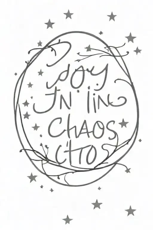 a fine line tattoo with the words “joy in chaos” on one line in a thin brush script, surround this with small stars  tattoo design idea