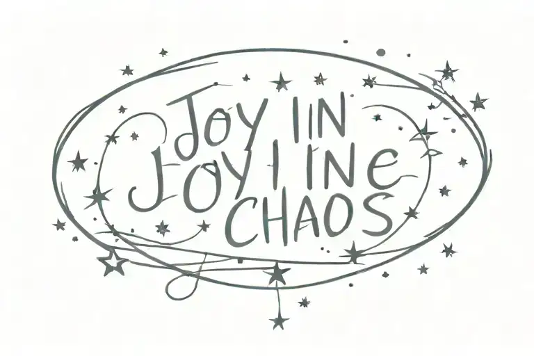 a fine line tattoo with the words “joy in chaos” in a thin brush script, surround this with small stars and a Cross tattoo design idea