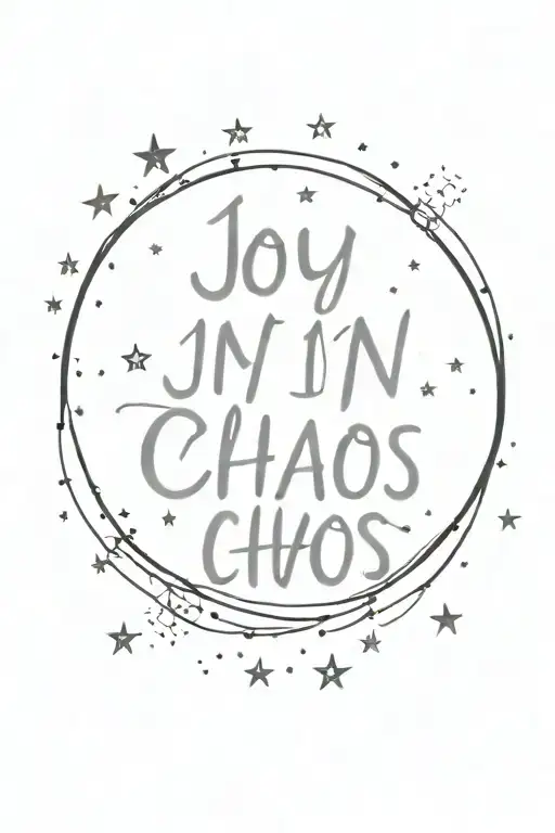 a fine line tattoo with the words “joy in chaos” on one line in a thin brush script, surround this with small stars  tattoo design idea