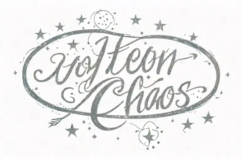 a fine line tattoo with the words “joy in chaos” in a thin brush script, surround this with small stars and a Cross tattoo design idea
