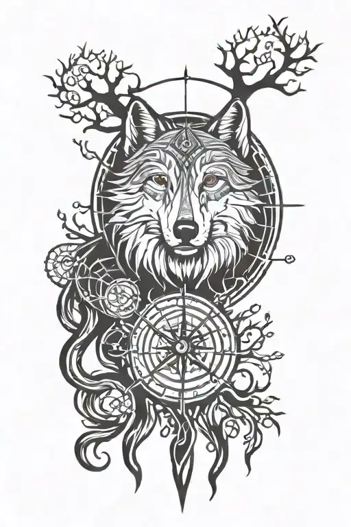 compass wolf head tree of life intertwined tattoo design idea