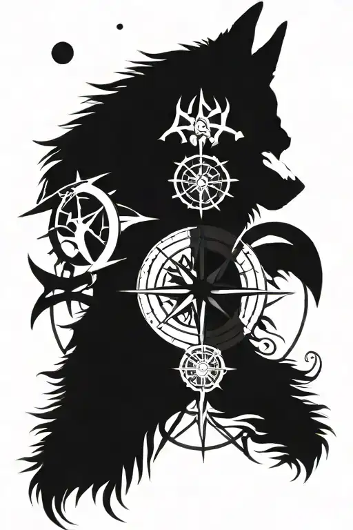 compass rose above a wolf head surrounded by yddrasil  tattoo design idea