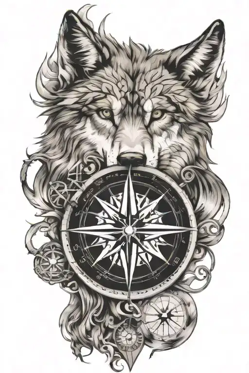 compass above wolf face with yddrasil intertwined below tattoo design idea