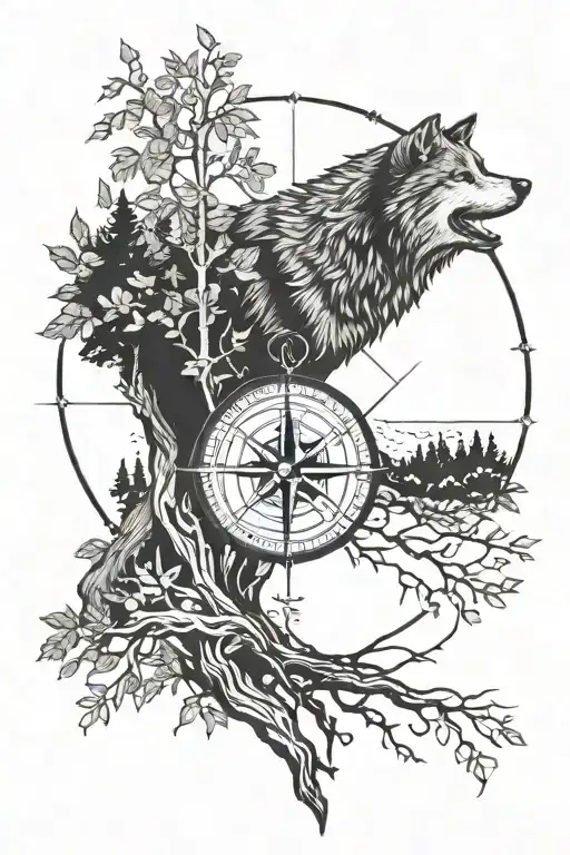 compass above wolf head,  tree of life intertwined tattoo design idea