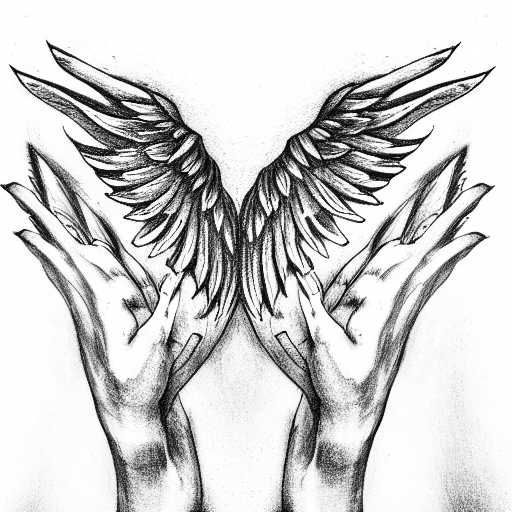 hands praying with angel wings tattoo design idea