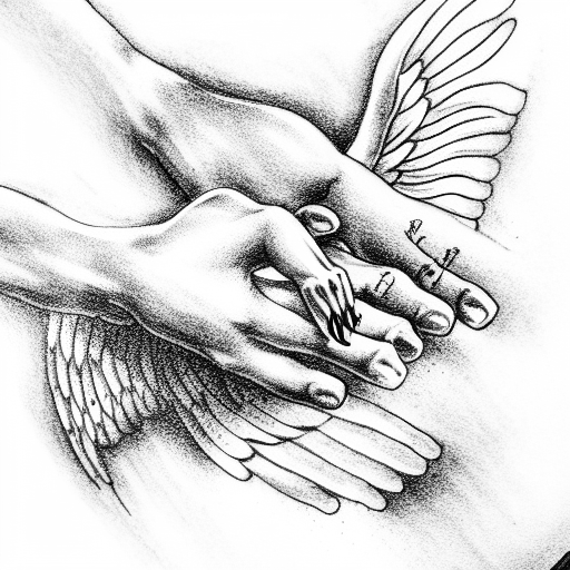hands praying with angel wings behind hands tattoo design idea