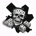 dominos scattered throughout reflecting skull inside tattoo design idea