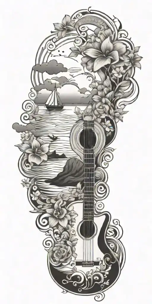 Australia, sailboat, sailing, waves, clouds, sunset, tropical flowers, guitar, music tattoo design idea