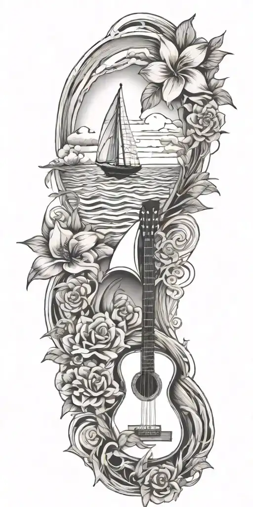 Australia, sailboat, sailing, waves, clouds, sunset, tropical flowers, guitar, music tattoo design idea