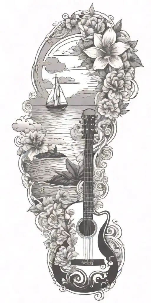 Australia, sailboat, sailing, waves, clouds, sunset, tropical flowers, guitar, music tattoo design idea