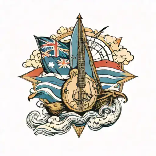 sailing, compass, acoustic guitar, music,  Australian flag, kangaroo, emu, travel, paradise, sailboat, clouds, waves tattoo design idea