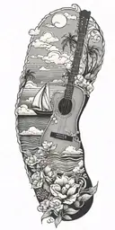 Australia, sailboat, sailing, waves, clouds, sunset, tropical flowers, guitar, music tattoo design idea
