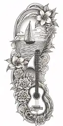 Australia, sailboat, sailing, waves, clouds, sunset, tropical flowers, guitar, music tattoo design idea