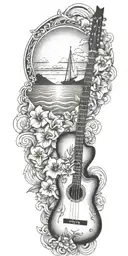Australia, sailboat, sailing, waves, clouds, sunset, tropical flowers, guitar, music tattoo design idea