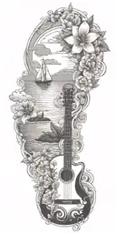 Australia, sailboat, sailing, waves, clouds, sunset, tropical flowers, guitar, music tattoo design idea
