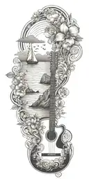 Australia, sailboat, sailing, waves, clouds, sunset, tropical flowers, guitar, music tattoo design idea