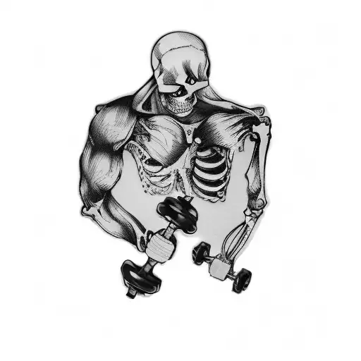 a skeleton with dumbbells tattoo design idea