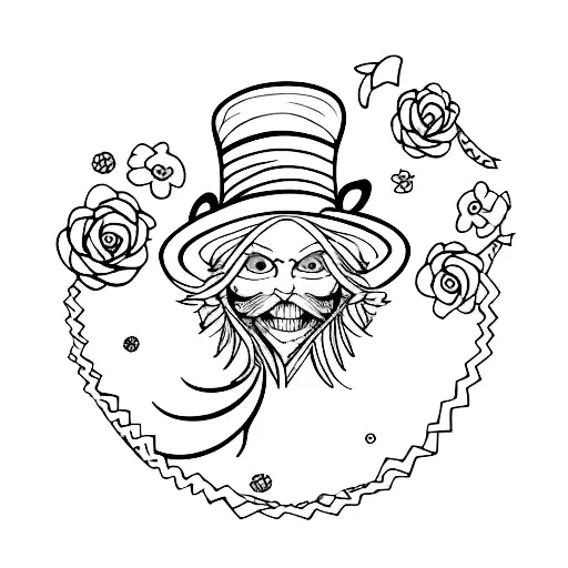 A playful and colorful tattoo design incorporating elements of the Mad Hatter hat, ribbon, and flowers in a minimalist style tattoo design idea