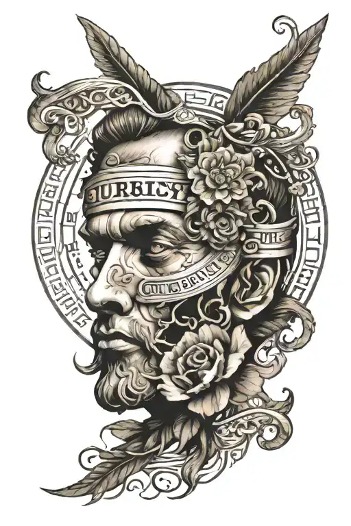 The words: curiosity courage Creation in the Greek language tattoo design idea