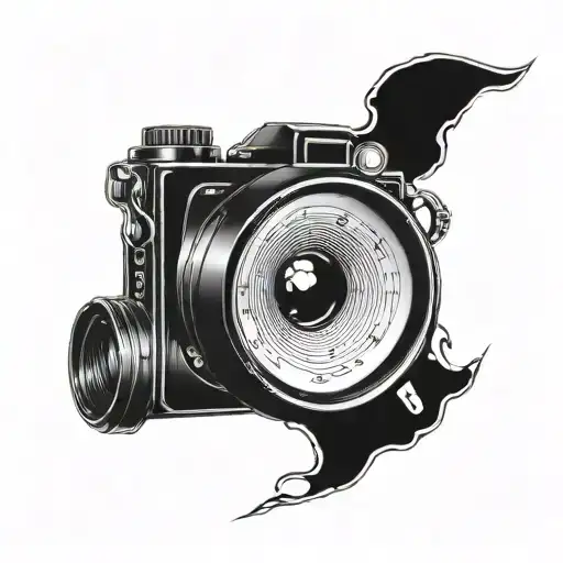 A camera lens morphing into the word 'curiosity' in Greek script tattoo design idea