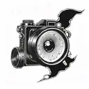 A camera lens morphing into the word 'curiosity' in Greek script tattoo design idea