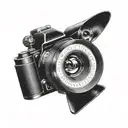 A camera lens morphing into the word 'curiosity' in Greek script tattoo design idea