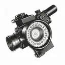 A camera lens morphing into the word 'curiosity' in Greek script tattoo design idea