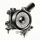 A camera lens morphing into the word 'curiosity' in Greek script tattoo design idea