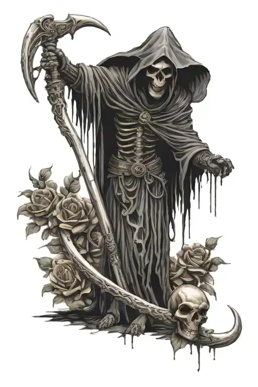 grim reaper standing holding a scythe with roses and large skulls in the forefront by his feet tattoo design idea