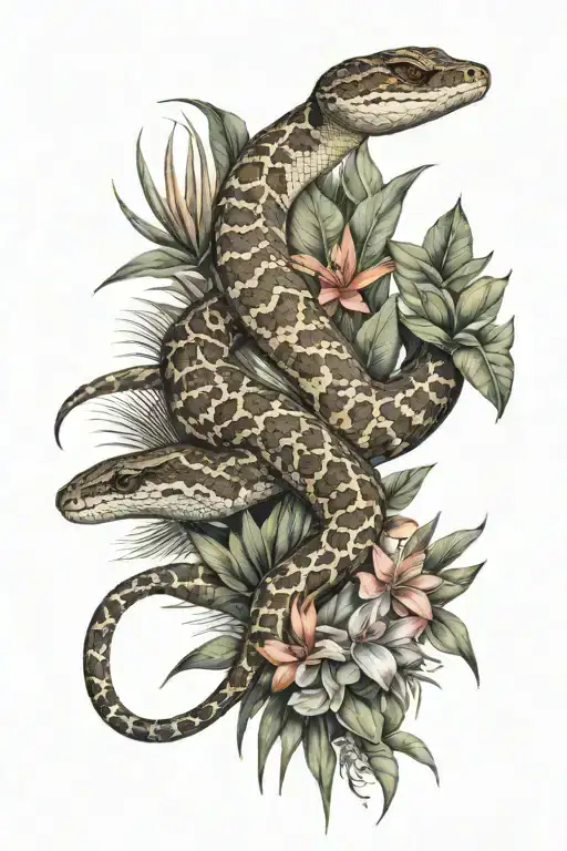 western diamondback rattlesnake and eastern diamondback rattlesnake wrapped around bird of paradise tattoo design idea