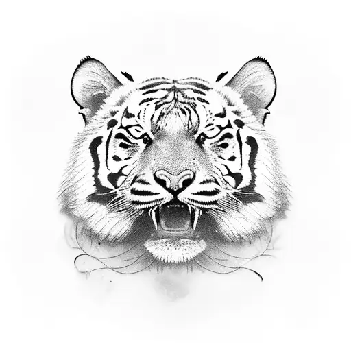 A realistic depiction of a tiger's face intertwined with a variety of exotic plants tattoo design idea