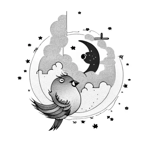 Birds with Moon and Clouds and stars tattoo design idea